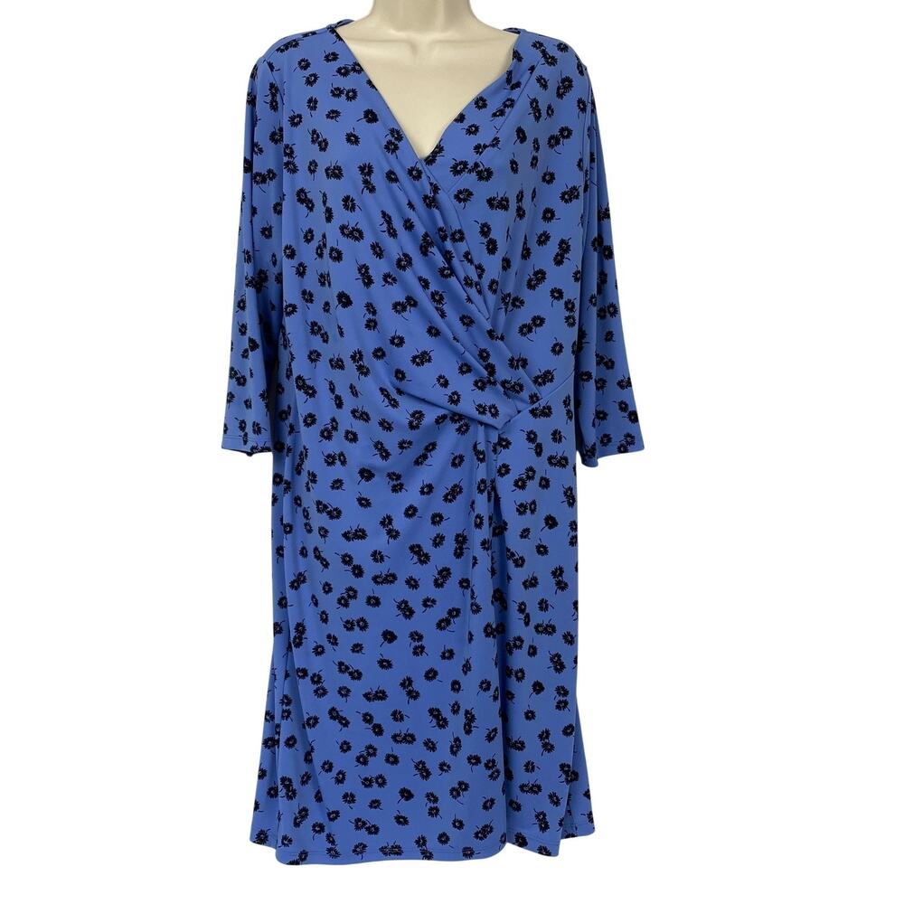 Talbots Petite Dress 1XP‎ Blue Dark Floral Faux Wrap Midi Jersey Knit 1X Petite